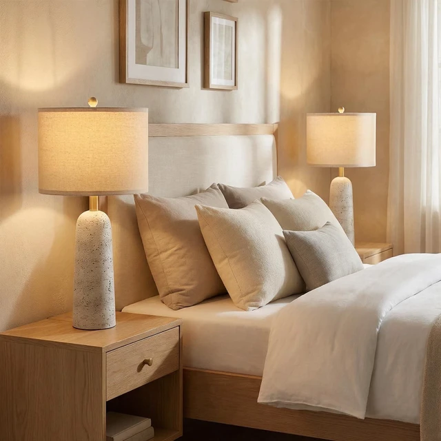 Alt view image 7 of 7 - 27.25" Modern Table Lamp Set of 2, White Resin Table Lamps with Stone Look, Lamps for Living Room with Linen Shades, Bedside Lamps for Bedroom, Nightstand, Entryway