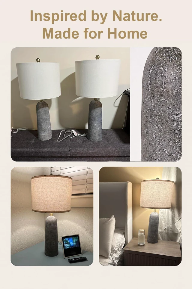 Alt view image 2 of 7 - 27.25" Modern Table Lamp Set of 2, Gray Resin Lamp with Natural Stone Look, Lamps for Living Room with Linen Shades, Nightstand Lamp for Bedroom, Living Room, Entryway
