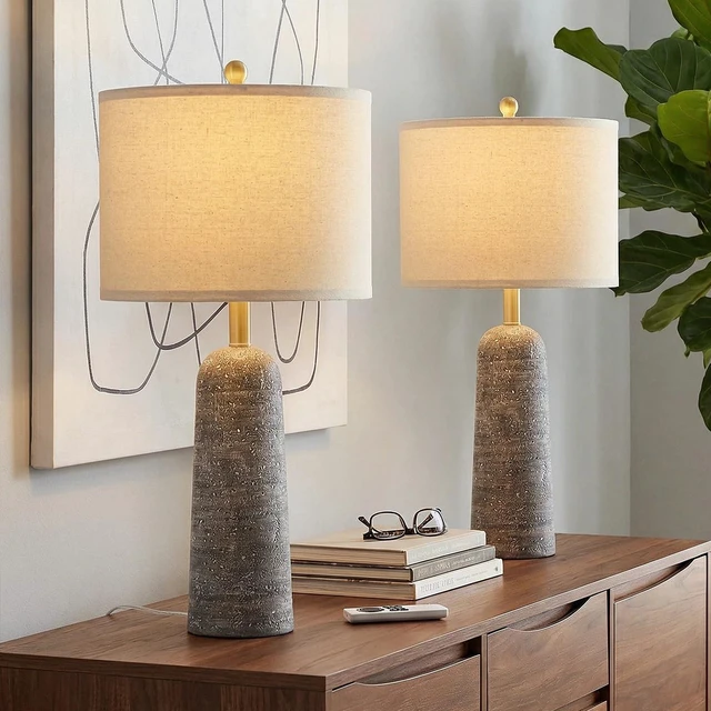 Alt view image 3 of 7 - 27.25" Modern Table Lamp Set of 2, Light Grey Resin Table Lamps with Stone Look, Lamps for Living Room with Linen Shades, Bedroom Nightstand Lamps, Table Lamps for Living Room End Tables