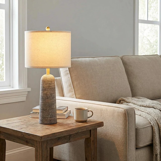 Alt view image 4 of 7 - 27.25" Modern Table Lamp Set of 2, Light Grey Resin Table Lamps with Stone Look, Lamps for Living Room with Linen Shades, Bedroom Nightstand Lamps, Table Lamps for Living Room End Tables