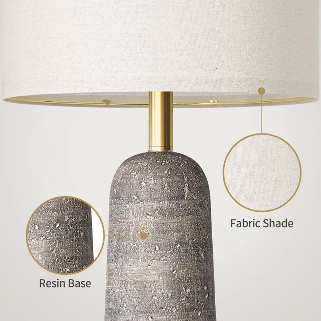 Alt view image 5 of 7 - 27.25" Modern Table Lamp Set of 2, Light Grey Resin Table Lamps with Stone Look, Lamps for Living Room with Linen Shades, Bedroom Nightstand Lamps, Table Lamps for Living Room End Tables