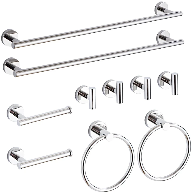 Main image of Chrome Bathroom Hardware Set 10 Piece with Towel Racks for Bathroom, SUS304 Stainless Steel Bath Towel Bar Set, 24 Inch Wall Mounted Accessories Kit