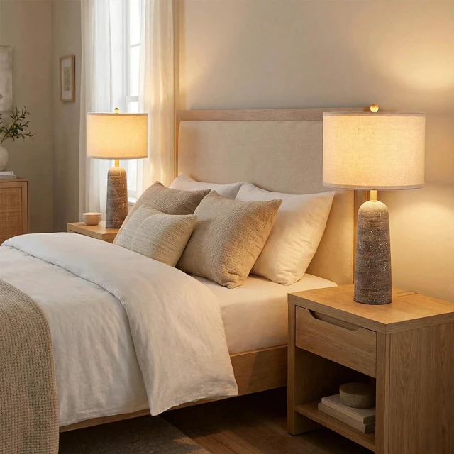 Alt view image 7 of 7 - 27.25" Modern Table Lamp Set of 2, Light Grey Resin Table Lamps with Stone Look, Lamps for Living Room with Linen Shades, Bedroom Nightstand Lamps, Table Lamps for Living Room End Tables