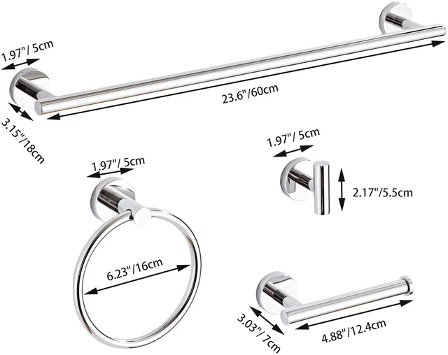 Alt view image 7 of 7 - Chrome Bathroom Hardware Set 5 Piece with Towel Racks for Bathroom, SUS304 Stainless Steel Bath Towel Bar Set, 24 Inch Wall Mounted Accessories Kit