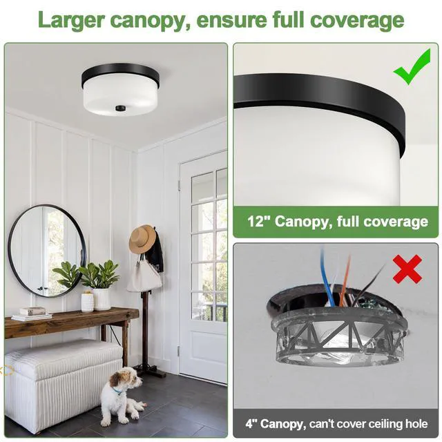 Alt view image 4 of 7 - Black Flush Mount Ceiling Light Fixtures, 2-Light Ceiling Mount with Milky White Glass Lampshade, Industrial Flush Mount Light Fixture Farmhouse for Hallway, Kitchen, Entryway and Foyer