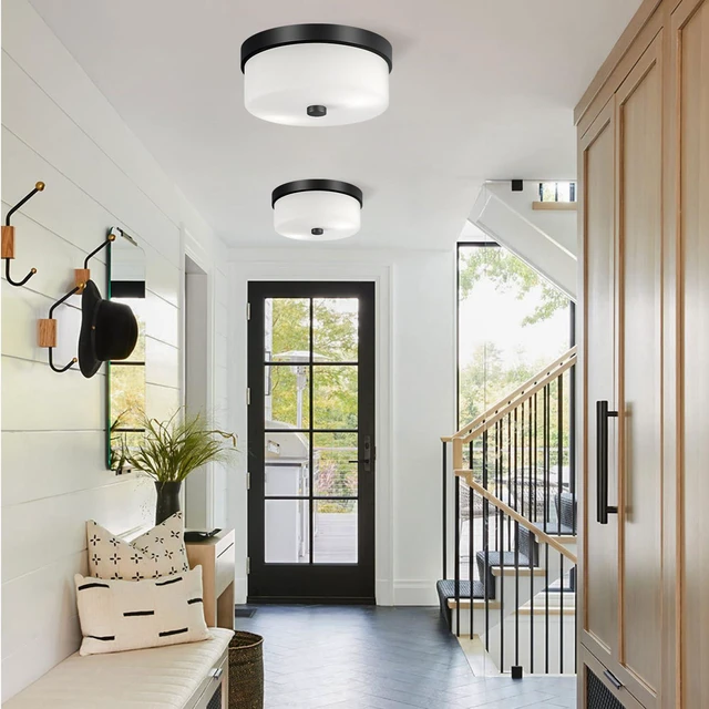Alt view image 5 of 7 - Black Flush Mount Ceiling Light Fixtures, 2-Light Ceiling Mount with Milky White Glass Lampshade, Industrial Flush Mount Light Fixture Farmhouse for Hallway, Kitchen, Entryway and Foyer