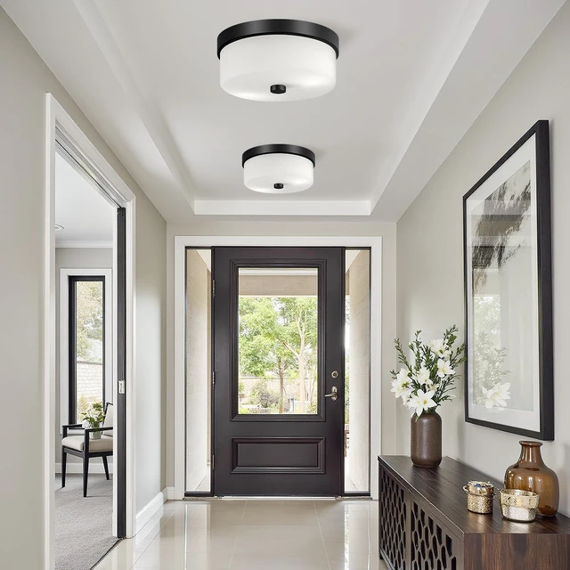 Alt view image 6 of 7 - Black Flush Mount Ceiling Light Fixtures, 2-Light Ceiling Mount with Milky White Glass Lampshade, Industrial Flush Mount Light Fixture Farmhouse for Hallway, Kitchen, Entryway and Foyer