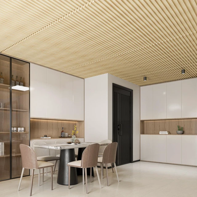 Alt view image 2 of 7 - Fluted Slat 3D Wall Panels, Drop Ceiling Tiles, 6-Pack, Oak 24" x 48", Lightweight, Break-Proof, Compatible with Grid System, Ideal for Home, Commercial Spaces