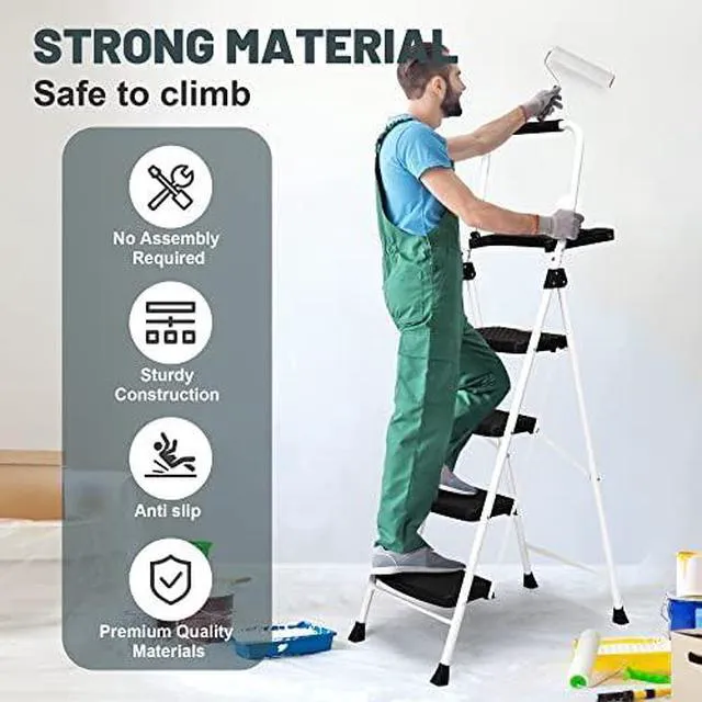 Alt view image 2 of 6 - 4 Step Ladder, Folding Step Stool with Tool Platform, Sturdy& Portable Steel Ladder for Adults, 330LBS Capacity Ladder for Home Kitchen Pantry Office