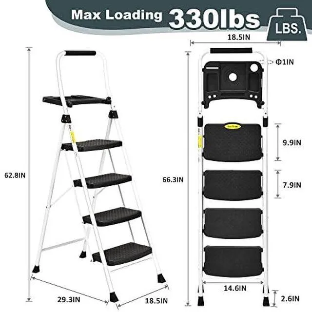 Alt view image 4 of 6 - 4 Step Ladder, Folding Step Stool with Tool Platform, Sturdy& Portable Steel Ladder for Adults, 330LBS Capacity Ladder for Home Kitchen Pantry Office