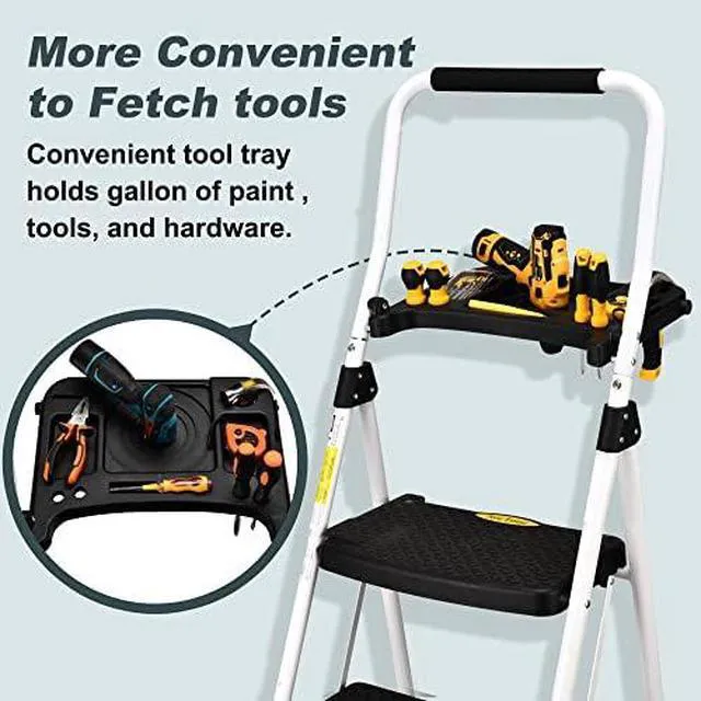 Alt view image 5 of 6 - 4 Step Ladder, Folding Step Stool with Tool Platform, Sturdy& Portable Steel Ladder for Adults, 330LBS Capacity Ladder for Home Kitchen Pantry Office