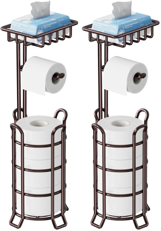 Main image of Toilet Paper Holder Upgraded Toilet Paper Stand with 4 Raised Feet Metal Free Standing Tissue Paper Roll Dispenser with Storage Shelf Sturdy Bathroom Accessories (Bronze) (Pack of 2)