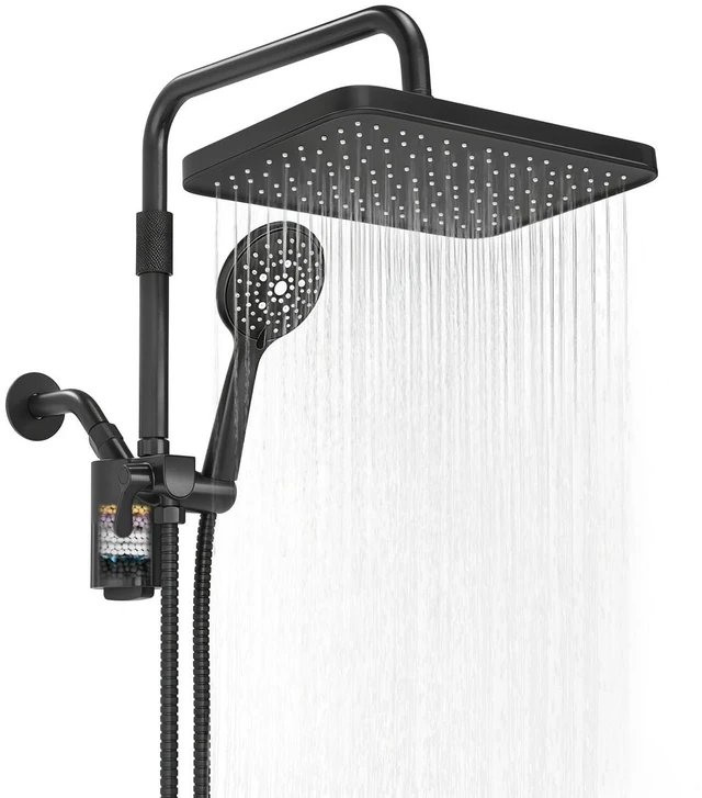 Main image of 12 Inch Shower Head with Filters Rain Shower Head with Handheld Spray Combo Filtered Shower Heads with Handheld,High Pressure Rainfall Dual Showerhead,Adjust Height and Angle of Extension Arm,Black