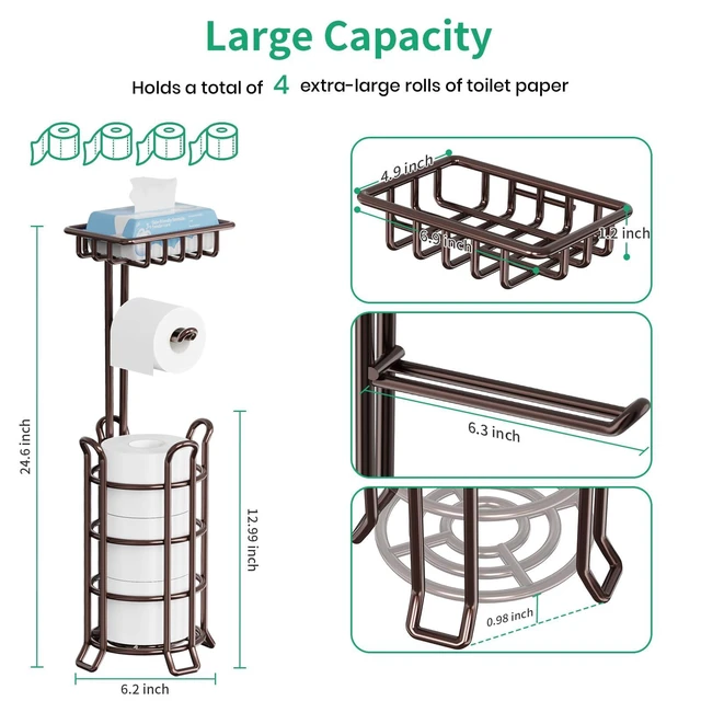 Alt view image 2 of 7 - Toilet Paper Holder Upgraded Toilet Paper Stand with 4 Raised Feet Metal Free Standing Tissue Paper Roll Dispenser with Storage Shelf Sturdy Bathroom Accessories (Bronze) (Pack of 2)