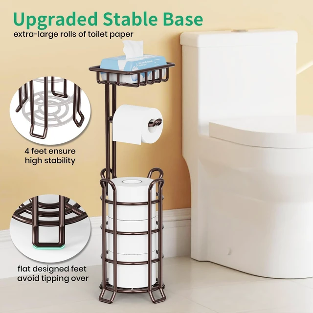 Alt view image 3 of 7 - Toilet Paper Holder Upgraded Toilet Paper Stand with 4 Raised Feet Metal Free Standing Tissue Paper Roll Dispenser with Storage Shelf Sturdy Bathroom Accessories (Bronze) (Pack of 2)