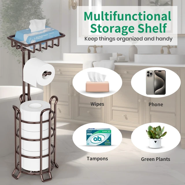 Alt view image 4 of 7 - Toilet Paper Holder Upgraded Toilet Paper Stand with 4 Raised Feet Metal Free Standing Tissue Paper Roll Dispenser with Storage Shelf Sturdy Bathroom Accessories (Bronze) (Pack of 2)