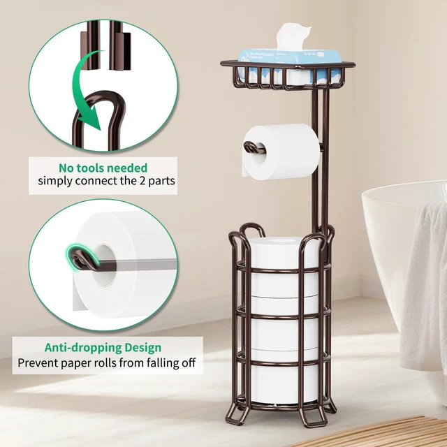 Alt view image 5 of 7 - Toilet Paper Holder Upgraded Toilet Paper Stand with 4 Raised Feet Metal Free Standing Tissue Paper Roll Dispenser with Storage Shelf Sturdy Bathroom Accessories (Bronze) (Pack of 2)