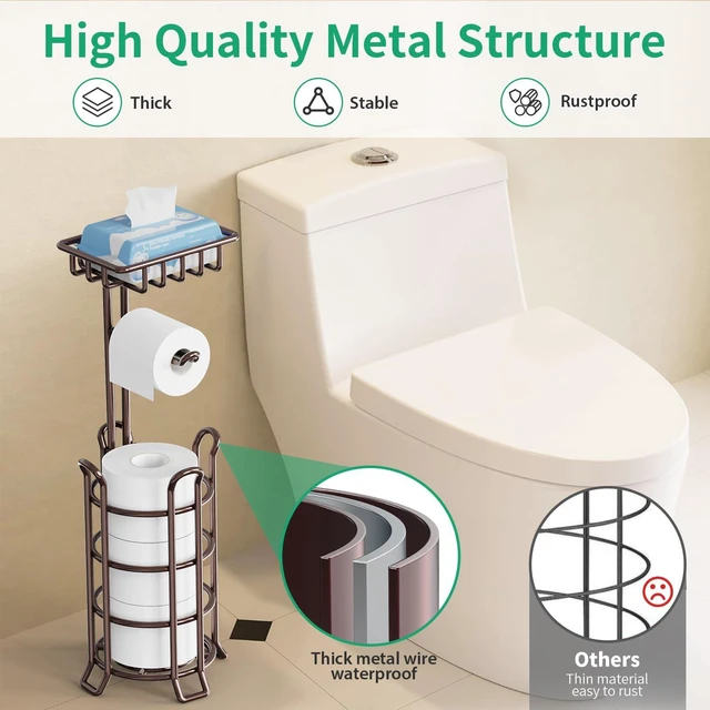 Alt view image 6 of 7 - Toilet Paper Holder Upgraded Toilet Paper Stand with 4 Raised Feet Metal Free Standing Tissue Paper Roll Dispenser with Storage Shelf Sturdy Bathroom Accessories (Bronze) (Pack of 2)