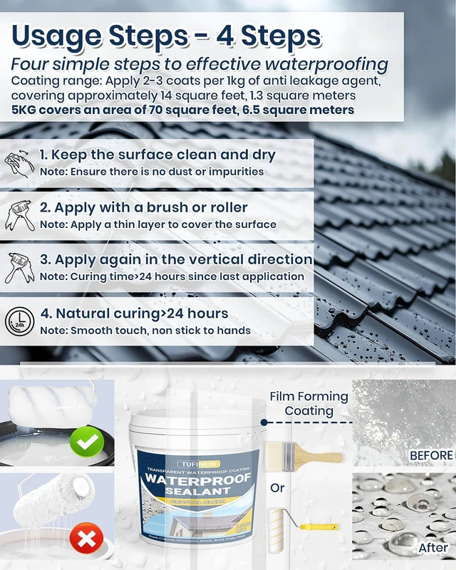 Alt view image 3 of 7 - Transparent Waterproof Coating, 1.32 Gallon Invisible Waterproof Agent Indoor & Outdoor Sealant Water-Based Clear Sealant Roofs, Walls, Garden, Terraces