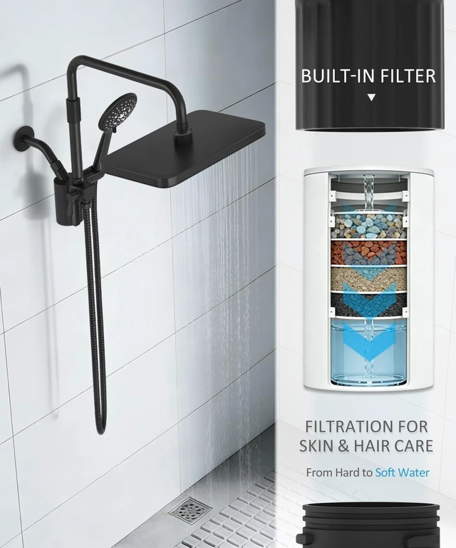 Alt view image 4 of 7 - 12 Inch Shower Head with Filters Rain Shower Head with Handheld Spray Combo Filtered Shower Heads with Handheld,High Pressure Rainfall Dual Showerhead,Adjust Height and Angle of Extension Arm,Black