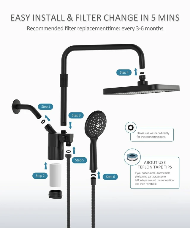 Alt view image 7 of 7 - 12 Inch Shower Head with Filters Rain Shower Head with Handheld Spray Combo Filtered Shower Heads with Handheld,High Pressure Rainfall Dual Showerhead,Adjust Height and Angle of Extension Arm,Black