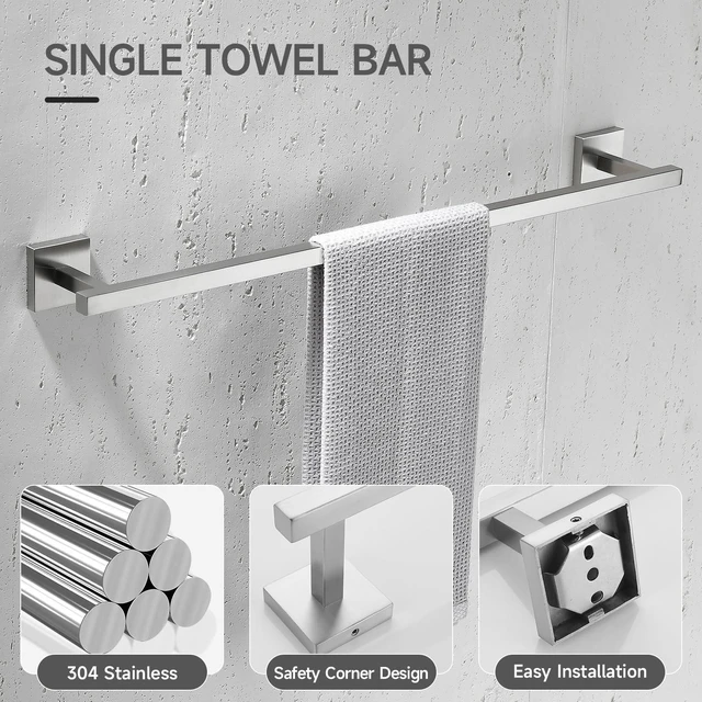 Alt view image 3 of 7 - Brushed Nickel Bathroom Hardware Accessories Set 10 Pieces, 23.6" SUS304 Stainless Steel Towel Bar Set Wall Mounted Includes Single Towel Bar, Towel Ring, Toilet Paper Holder, Double Towel Hooks