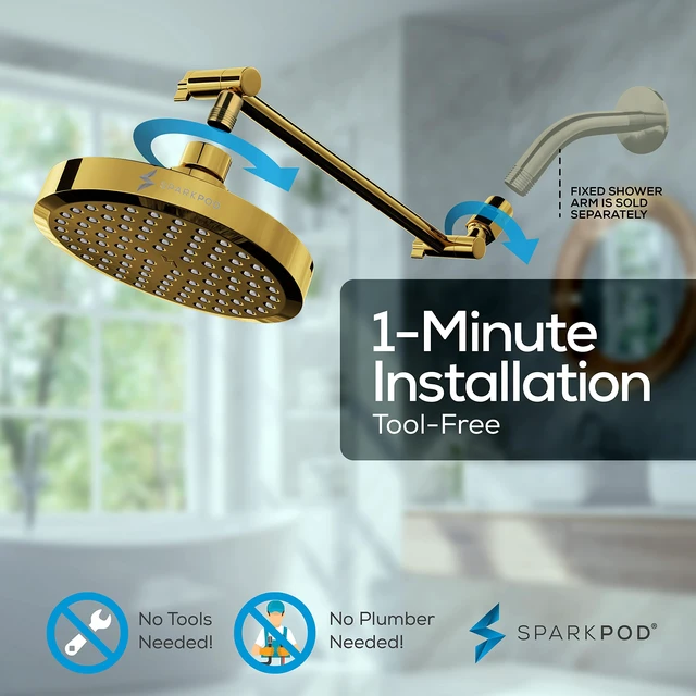 Alt view image 6 of 7 - 6" Round Rain Shower Head with 11" Shower Arm Shower Head & Extension Arm Combo, Height Adjustable, High Pressure Performance, Easy 1-Minute Installation, Egyptian Gold