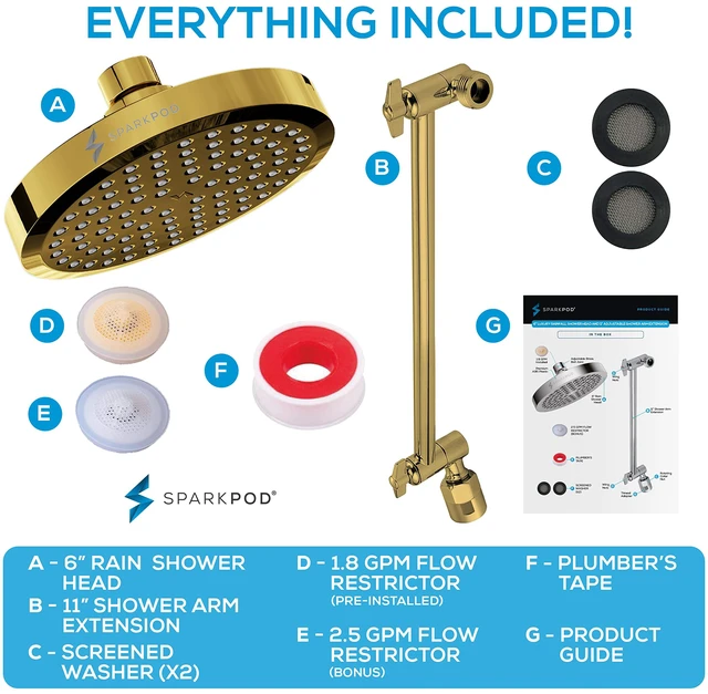 Alt view image 7 of 7 - 6" Round Rain Shower Head with 11" Shower Arm Shower Head & Extension Arm Combo, Height Adjustable, High Pressure Performance, Easy 1-Minute Installation, Egyptian Gold
