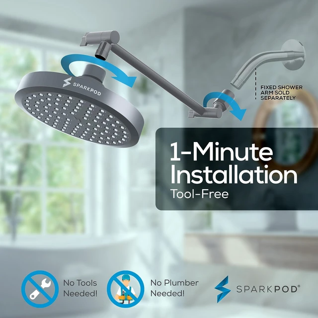 Alt view image 6 of 7 - 6" Round Rain Shower Head with 11" Shower Arm Shower Head & Extension Arm Combo, Height Adjustable, High Pressure Performance, Easy 1-Minute Installation, Charcoal Grey