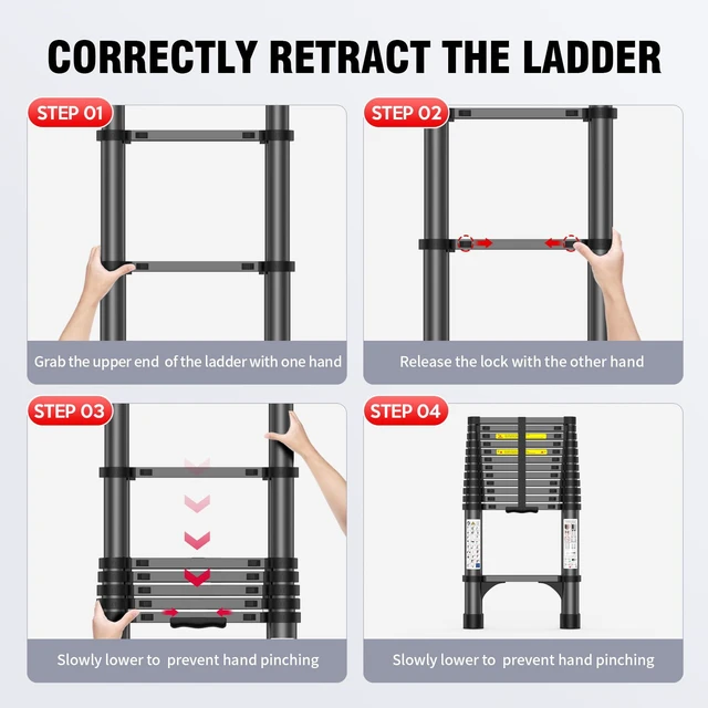 Alt view image 3 of 7 - 12.5FT Telescoping Ladder, 330lb Capacity Aluminum Heavy-Duty Extension Ladder with Anti-Slip Steps for Secure Attic Access, Roof, and Home Renovation Projects