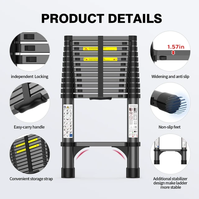 Alt view image 4 of 7 - 12.5FT Telescoping Ladder, 330lb Capacity Aluminum Heavy-Duty Extension Ladder with Anti-Slip Steps for Secure Attic Access, Roof, and Home Renovation Projects
