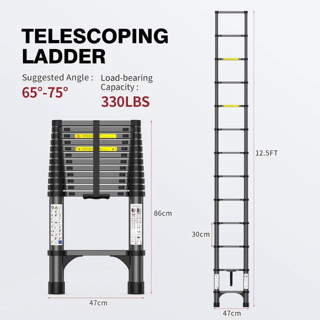 Alt view image 6 of 7 - 12.5FT Telescoping Ladder, 330lb Capacity Aluminum Heavy-Duty Extension Ladder with Anti-Slip Steps for Secure Attic Access, Roof, and Home Renovation Projects