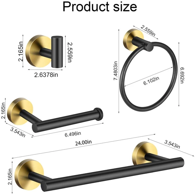 Alt view image 3 of 6 - Bathroom Hardware Set 24 Inch, Black Gold Towel Bar Set Including 24" Hand Towel Bars, Toilet Paper Holders, Towel Rings, Robe Towel Hooks