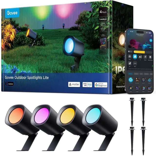 Main image of Outdoor Spotlights Lite 4 Pack, IP67 Waterproof Spotlights, APP, WiFi Landscape Lighting Work with Alexa, Matter and Google Assistant, RGBWIC Color Changing Light for Garden, Yard, Patio