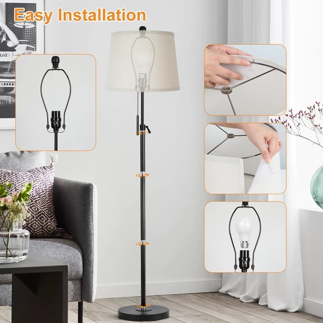 Alt view image 6 of 7 - Floor Lamps for Living Room, Black Floor Lamp Adjustable Height Standing Lamp, Dimmable Modern Tall Floor Lamp for Bedroom Office with Beige Linen Shade, 8W 3000K Bulb Included