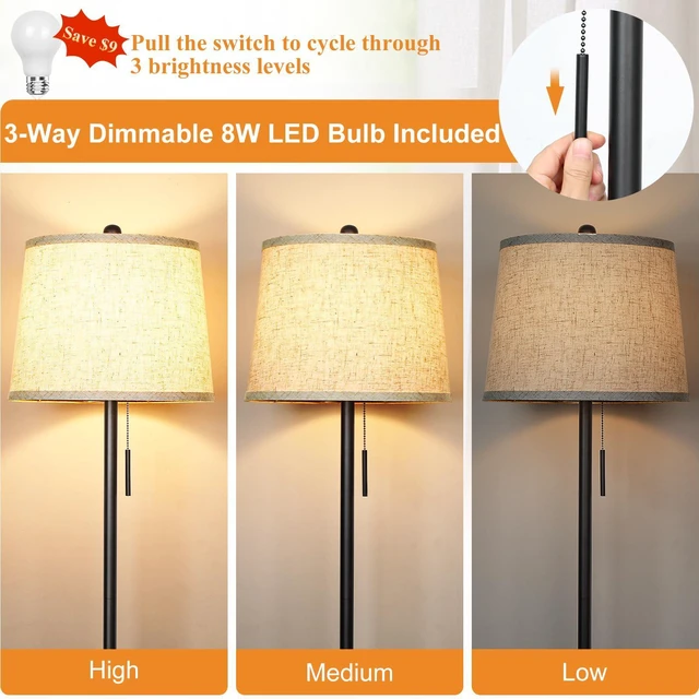 Alt view image 2 of 7 - Upgraded Modern Black Floor Lamp 63in Standing Lamp for Living Room Bedroom Office 3 Way Brightness Dimmable Tall Pole Light with Beige Linen Shade Metal Shade 8W 3000K LED Bulb Included