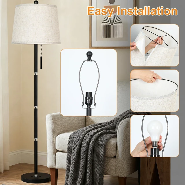 Alt view image 5 of 7 - Upgraded Modern Black Floor Lamp 63in Standing Lamp for Living Room Bedroom Office 3 Way Brightness Dimmable Tall Pole Light with Beige Linen Shade Metal Shade 8W 3000K LED Bulb Included