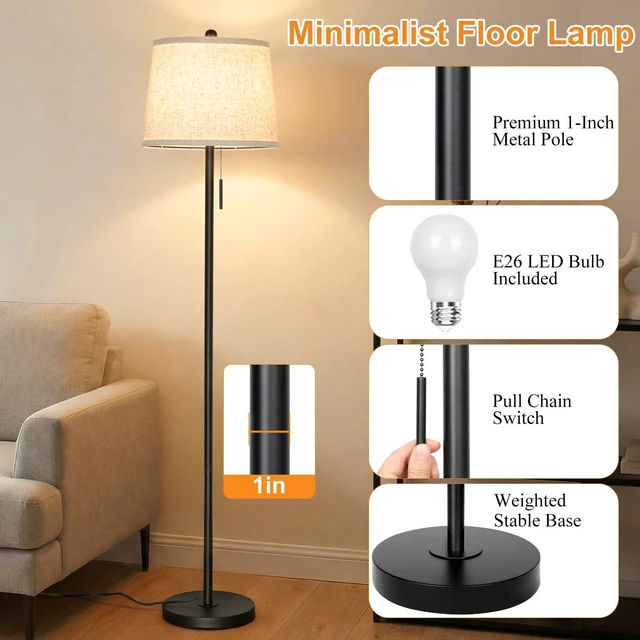 Alt view image 4 of 7 - Upgraded Modern Black Floor Lamp 63in Standing Lamp for Living Room Bedroom Office 3 Way Brightness Dimmable Tall Pole Light with Beige Linen Shade Metal Shade 8W 3000K LED Bulb Included