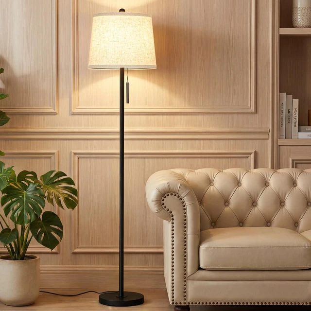 Alt view image 6 of 7 - Upgraded Modern Black Floor Lamp 63in Standing Lamp for Living Room Bedroom Office 3 Way Brightness Dimmable Tall Pole Light with Beige Linen Shade Metal Shade 8W 3000K LED Bulb Included