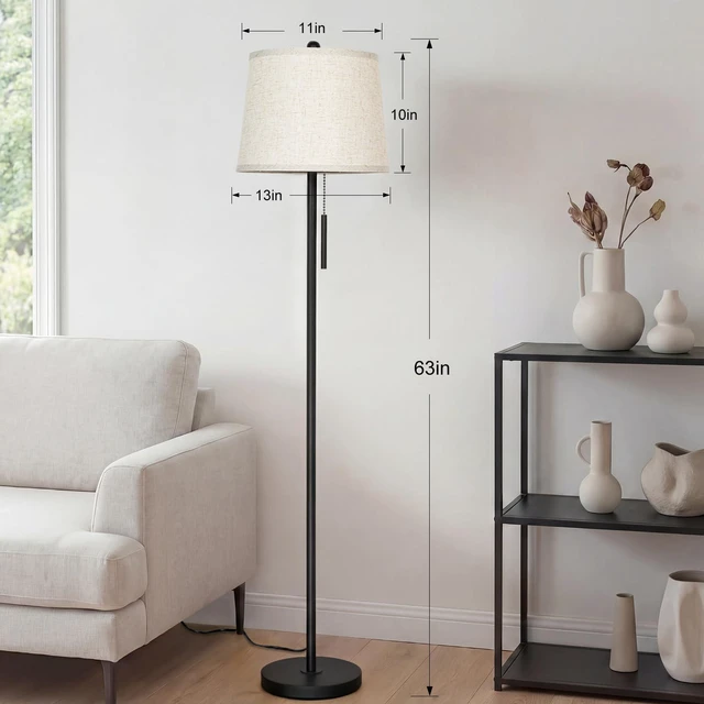 Alt view image 3 of 7 - Upgraded Modern Black Floor Lamp 63in Standing Lamp for Living Room Bedroom Office 3 Way Brightness Dimmable Tall Pole Light with Beige Linen Shade Metal Shade 8W 3000K LED Bulb Included