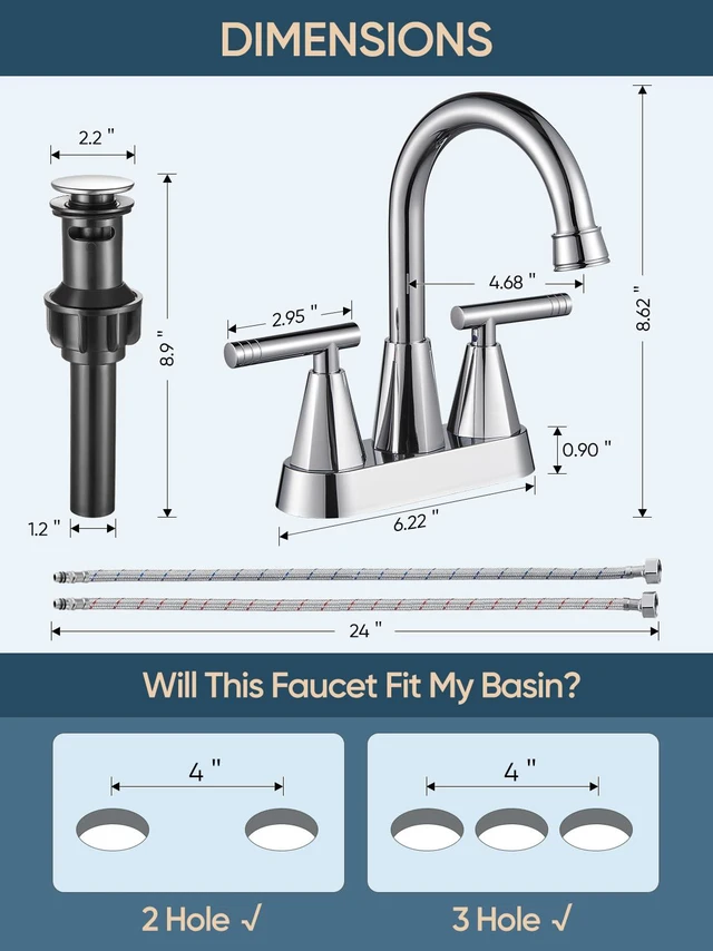 Alt view image 6 of 7 - Chrome Bathroom Faucets, Centerset Bathroom Sink Faucet, 2 Pack 4 Inch with Pop Up Drain and Supply Hoses, 2 Handle Stainless Steel Faucet for Vanity, RV, Farmhouse, 2 or 3 Hole