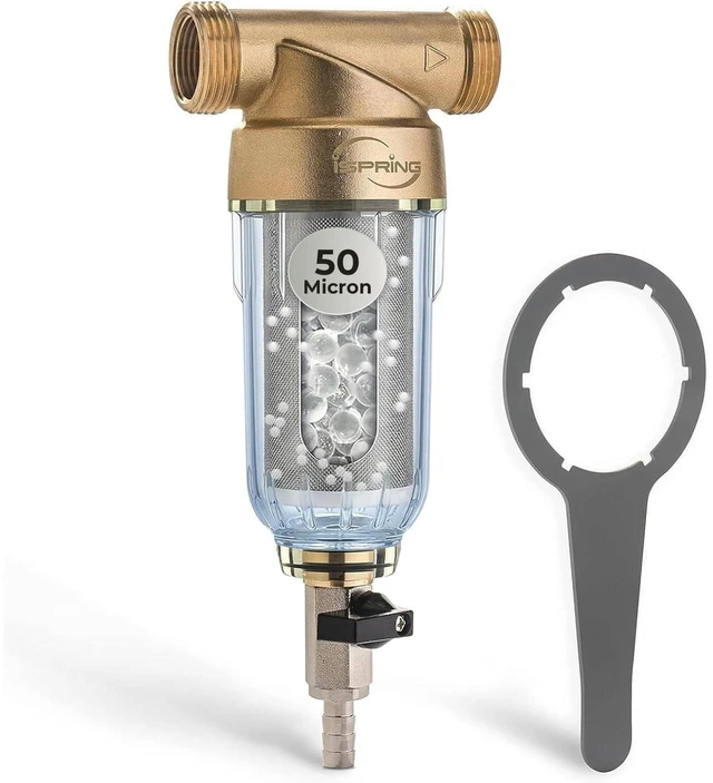 Main image of WSP-50SLS Spin Down Sediment Filter & Scale Inhibitor, 50 Micron Whole House Prefilter, Mesh Cleaning Scraper Beads, Scale and Corrosion Prevention, Flushable Well Water Sediment Buster