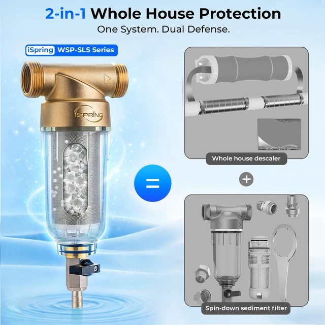Alt view image 2 of 7 - WSP-50SLS Spin Down Sediment Filter & Scale Inhibitor, 50 Micron Whole House Prefilter, Mesh Cleaning Scraper Beads, Scale and Corrosion Prevention, Flushable Well Water Sediment Buster