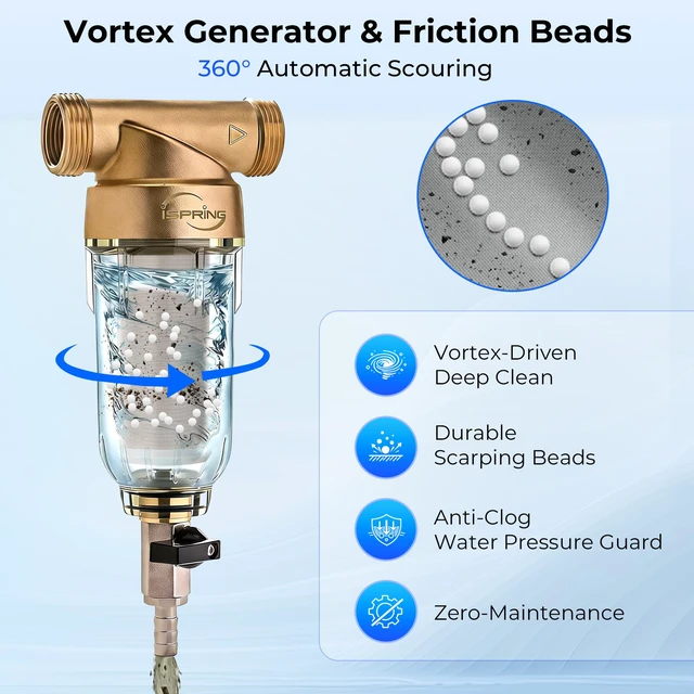 Alt view image 4 of 7 - WSP-50SLS Spin Down Sediment Filter & Scale Inhibitor, 50 Micron Whole House Prefilter, Mesh Cleaning Scraper Beads, Scale and Corrosion Prevention, Flushable Well Water Sediment Buster