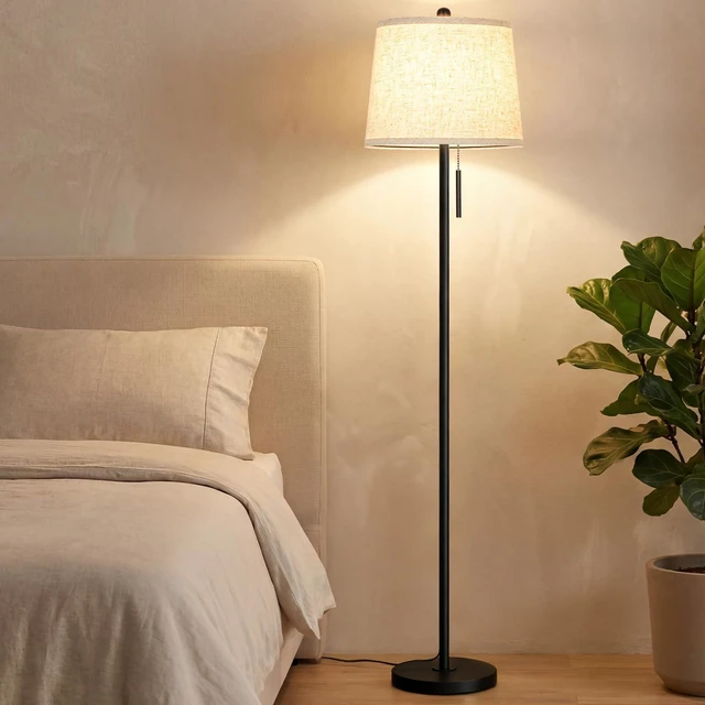 Alt view image 7 of 7 - Upgraded Modern Black Floor Lamp 63in Standing Lamp for Living Room Bedroom Office 3 Way Brightness Dimmable Tall Pole Light with Beige Linen Shade Metal Shade 8W 3000K LED Bulb Included