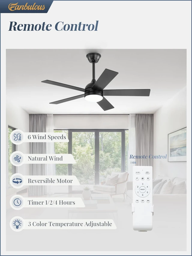 Alt view image 2 of 7 - 42 Inch Ceiling Fan with Light and Remote, Black 5 Blades Ceiling Fans with Lights, Quiet DC Motor, 6 Speeds, 3CCT Adjustable LED for Bedroom Living Room Kitchen Patio
