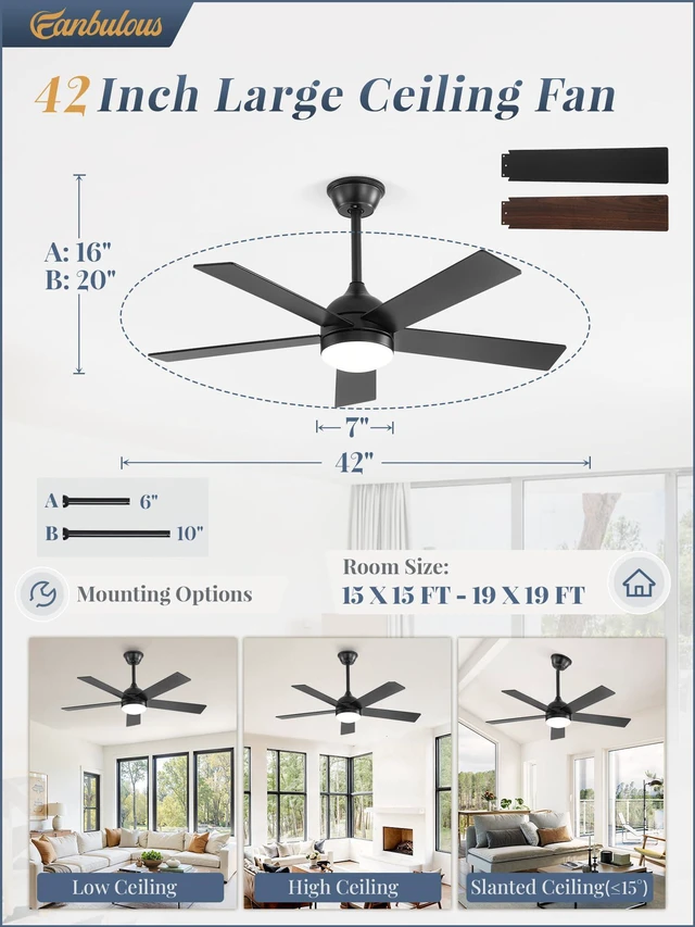 Alt view image 7 of 7 - 42 Inch Ceiling Fan with Light and Remote, Black 5 Blades Ceiling Fans with Lights, Quiet DC Motor, 6 Speeds, 3CCT Adjustable LED for Bedroom Living Room Kitchen Patio