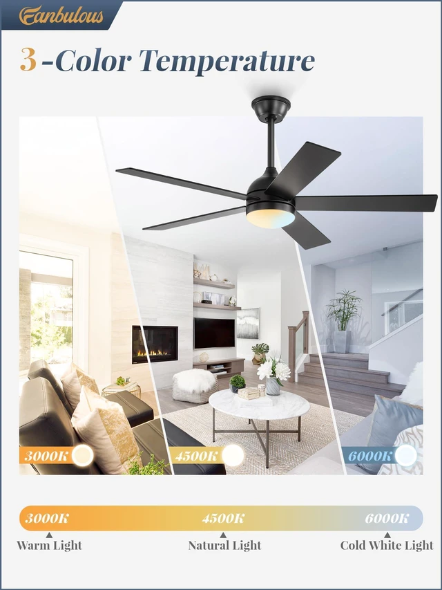 Alt view image 3 of 7 - 48 Inch Ceiling Fan with Light and Remote, Black 5 Blades Ceiling Fans with Lights, Quiet DC Motor, 6 Speeds, 3CCT Adjustable LED, for Bedroom Living Room Kitchen Patio