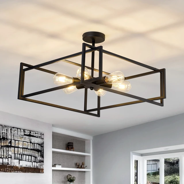 Main image of 6-Lights Close to Ceiling Light 22.83 Inch Black Light Fixture Industrial Flush Mount Ceiling Large Farmhouse Chandelier Lighting for Kitchen Island Dining Room Bedroom Foyer Hallway