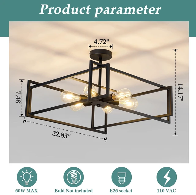 Alt view image 2 of 7 - 6-Lights Close to Ceiling Light 22.83 Inch Black Light Fixture Industrial Flush Mount Ceiling Large Farmhouse Chandelier Lighting for Kitchen Island Dining Room Bedroom Foyer Hallway